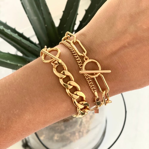 Gold Large Link Chain Bracelet Toggle Gold Bracelet Etsy