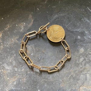 One-Of-A-Kind Collection | Gold Coin Link Chain Bracelet | Large Toggle Gold Bracelet | Gold Chile Coin Thich Chain Bracelet