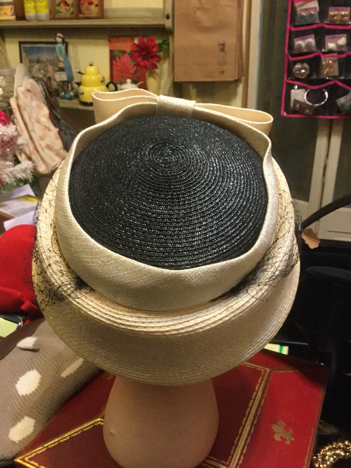 Cream and Navy Straw Hat - Etsy