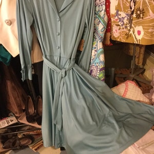 Könnte beinhalten: Ein langärmeliges, hellblaues Kleid mit Kragen, Knopfleiste und einem Bindegürtel in der Taille. Das Kleid hat einen fließenden Rock und ist aus einem weichen, seidenartigen Stoff gefertigt.