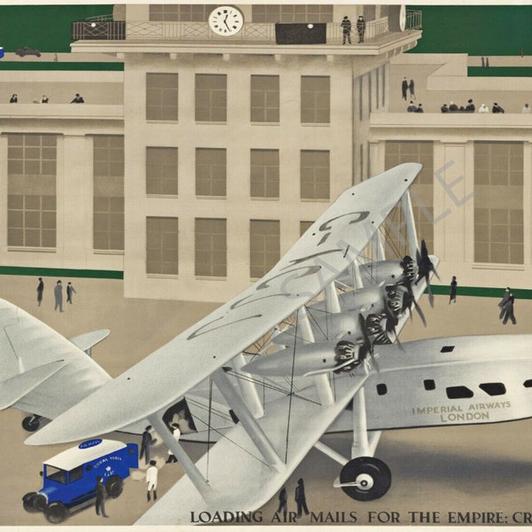 Vintage Airplane poster 1934 Croydon airport air bi-plane old 30s Aeroplane art deco print A3 A4