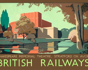 Vintage railway poster stratford shakespeare rsc memorial theatre art deco print