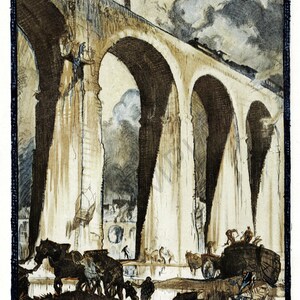 May include: A vintage travel poster advertising a trip to Scotland. The poster features a watercolour illustration of a large stone archway with a train passing over it. The text "SCOTLAND" is at the top of the poster and "EAST COAST ROUTE" is at the bottom.