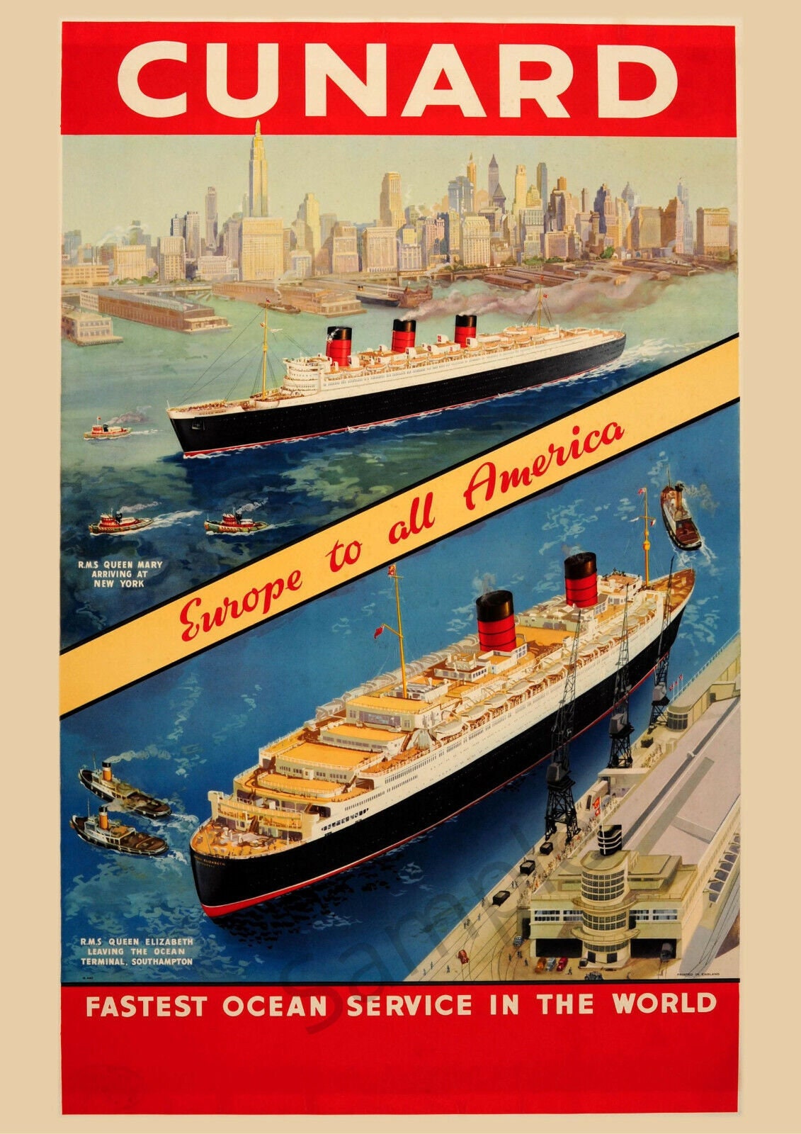 Vintage Poster Cunard Cruise Ship Ocean Liner Sea Travel Advert