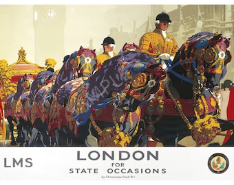 Lms vintage railway poster london for state occasions queen's horse guards print