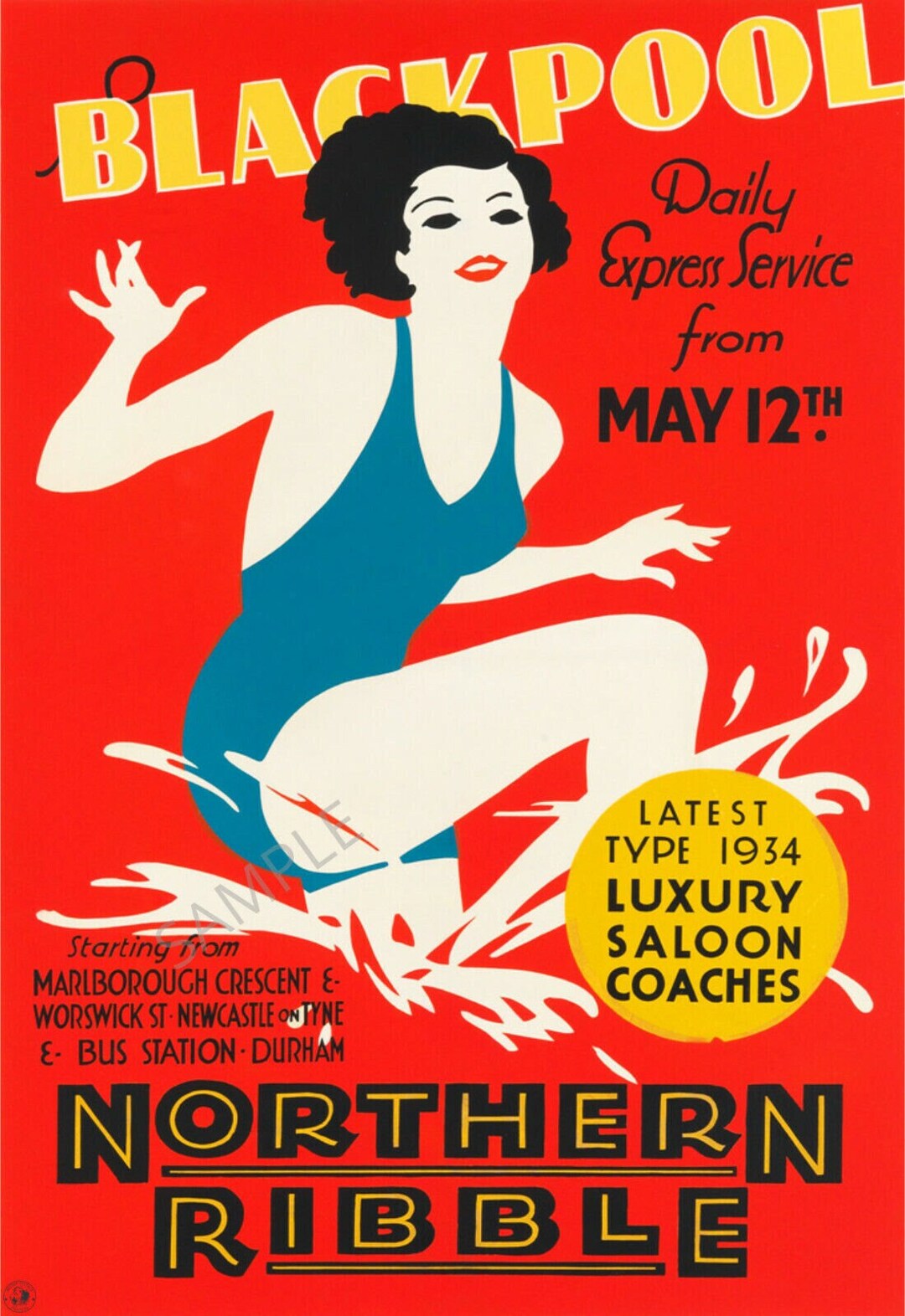 Vintage Advertising Poster Blackpool Ribble Coach Art Deco Girl Red