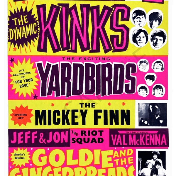 Vintage music poster kinks yardbirds mickey finn 60s tour gig sign print A3 A4