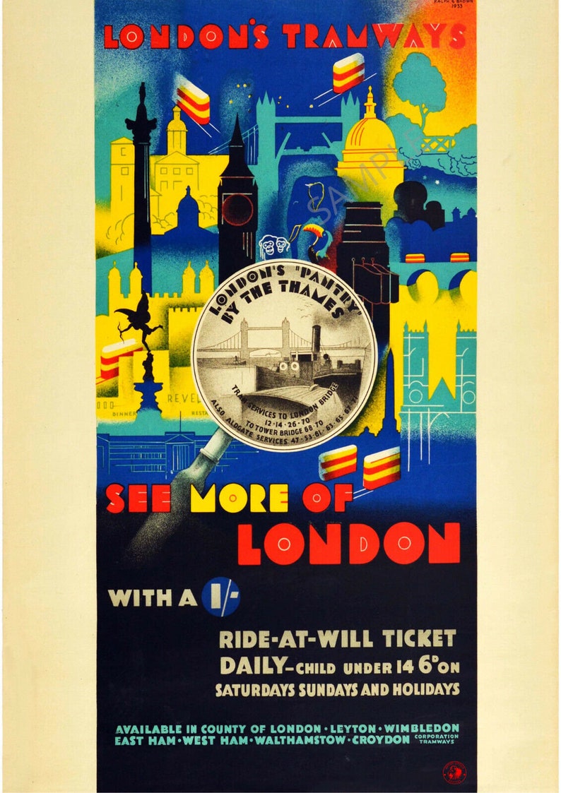 Vintage Poster London Tramways Travel Advert Big Ben Eros Etsy
