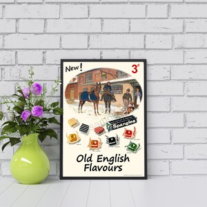 May include: Vintage advertisement for Spangles sweets featuring a colourful illustration of a group of people on horseback in front of a building. The text reads "New! Old English Flavours" and "3d".