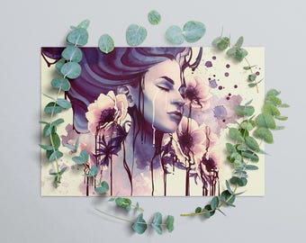 Oil Spill Art Print | Moody Woman with Flowers (4x6")