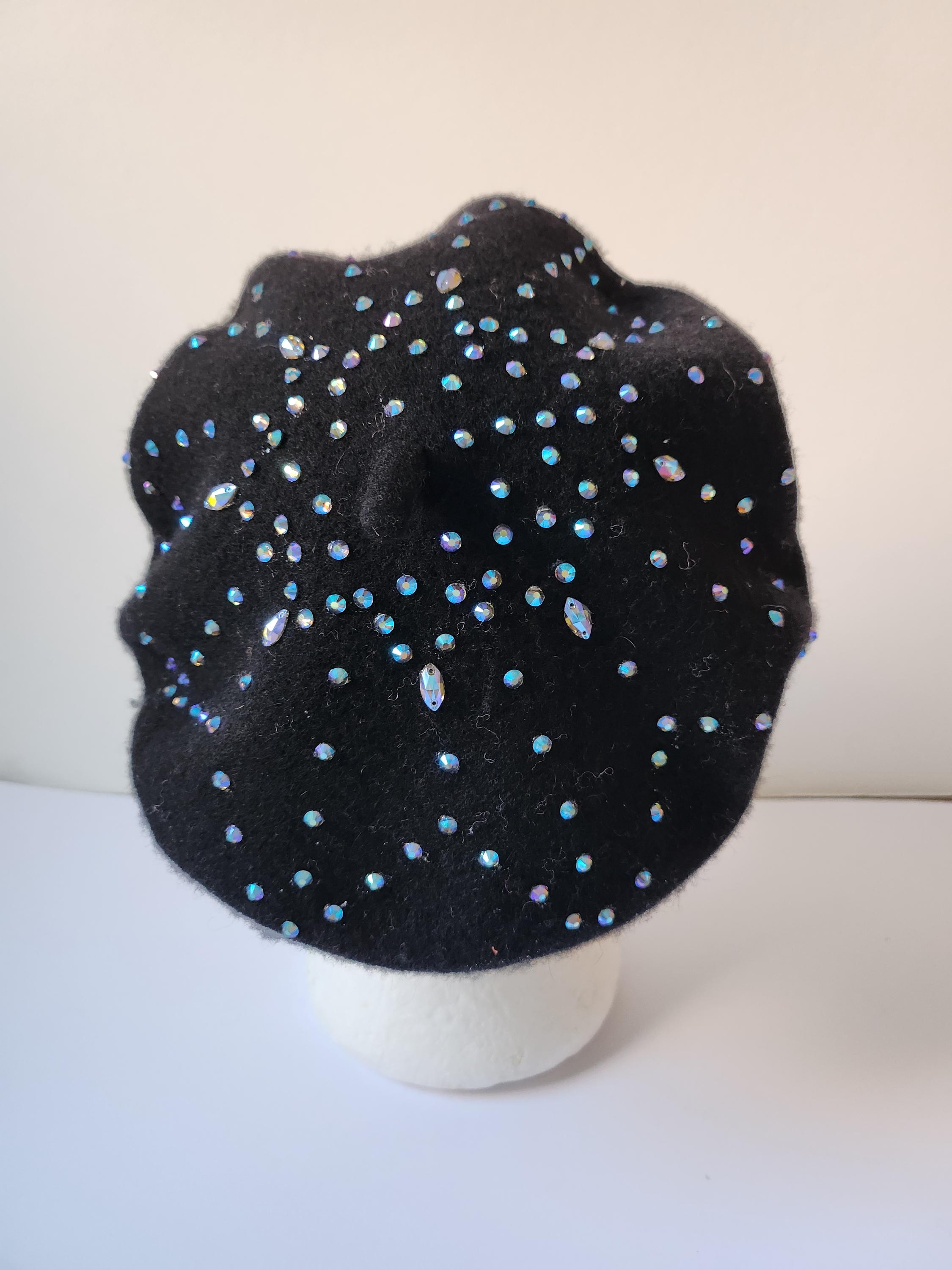 Black Wool French Beret Hand Decorated Black Diamond Crystal 