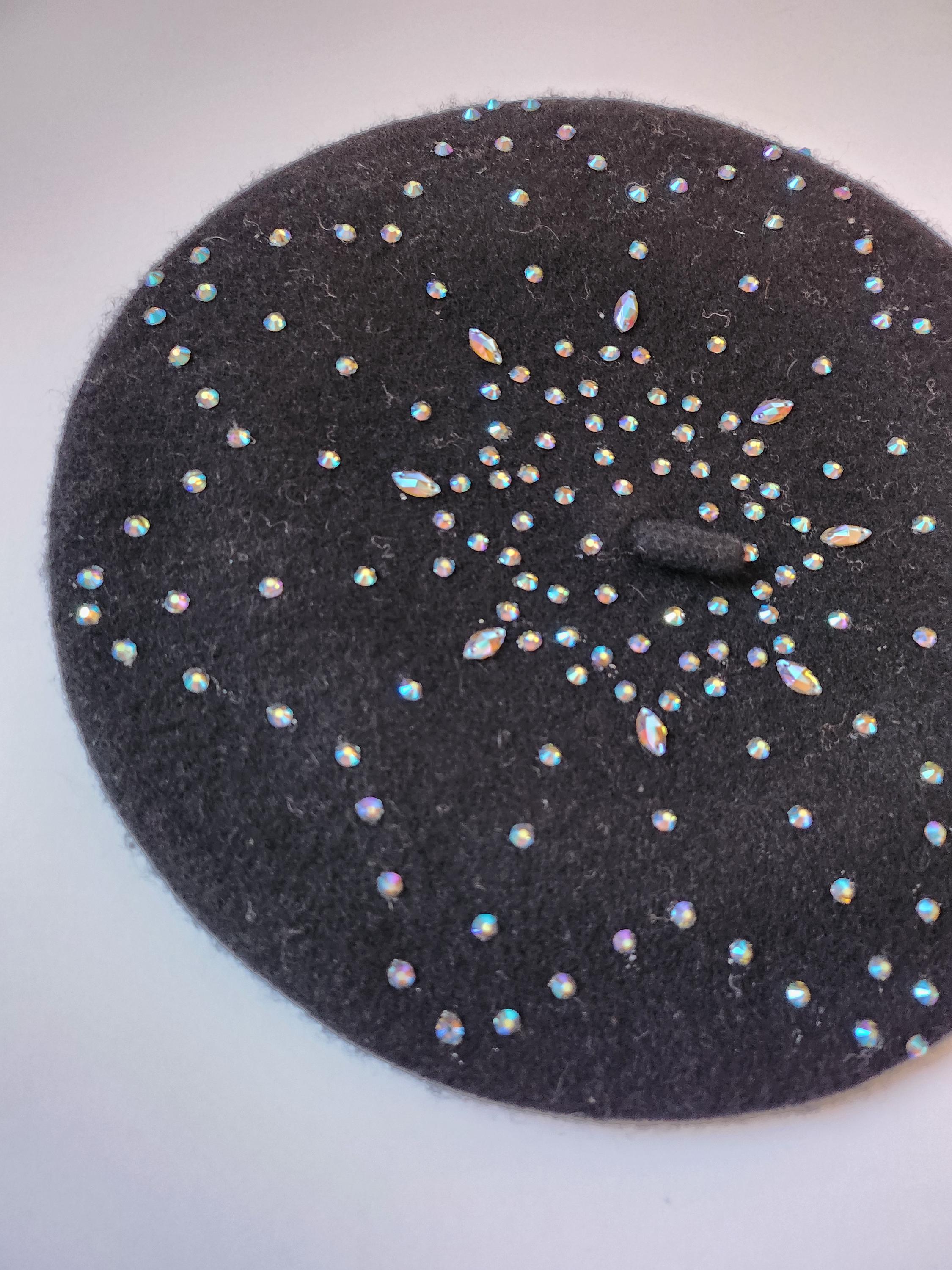 Black Wool French Beret Hand Decorated Black Diamond Crystal  display picture 1
