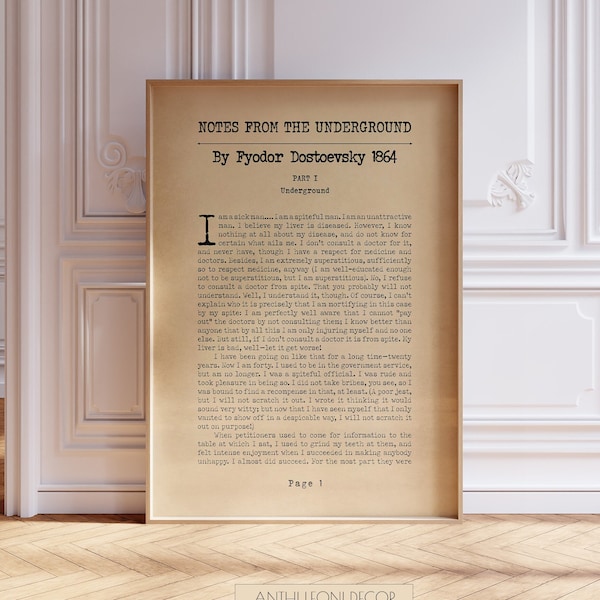 Notes From The Underground By Fyodor Dostoevsky Novel Page Poster Print | Library Wall Art Print | Russian Literature Gift | PRINTED