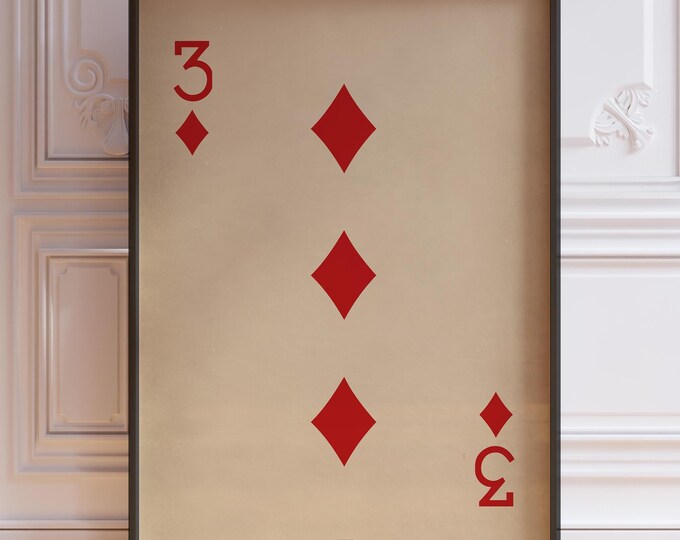 Three Of Diamonds Poster Print, Vintage Playing Cards Wall Art Print, Red Card Deck Print, Number Three Wall Decor | PRINTED