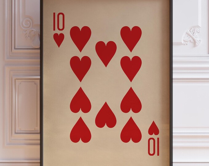 Ten Of Hearts Poster Print - Vintage Playing Cards Wall Art Print, Red Card Deck Print, Ten Wall Decor, 10 Print | PRINTED