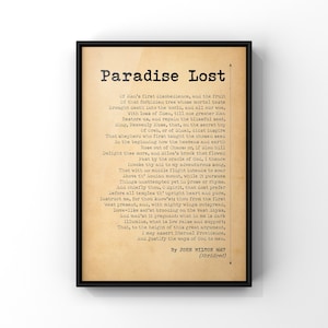 Paradise Lost by John Milton, Epic Poem Abridged Version, poetry poster print, UNFRAMED Antique Style Paper Poetry Print.
