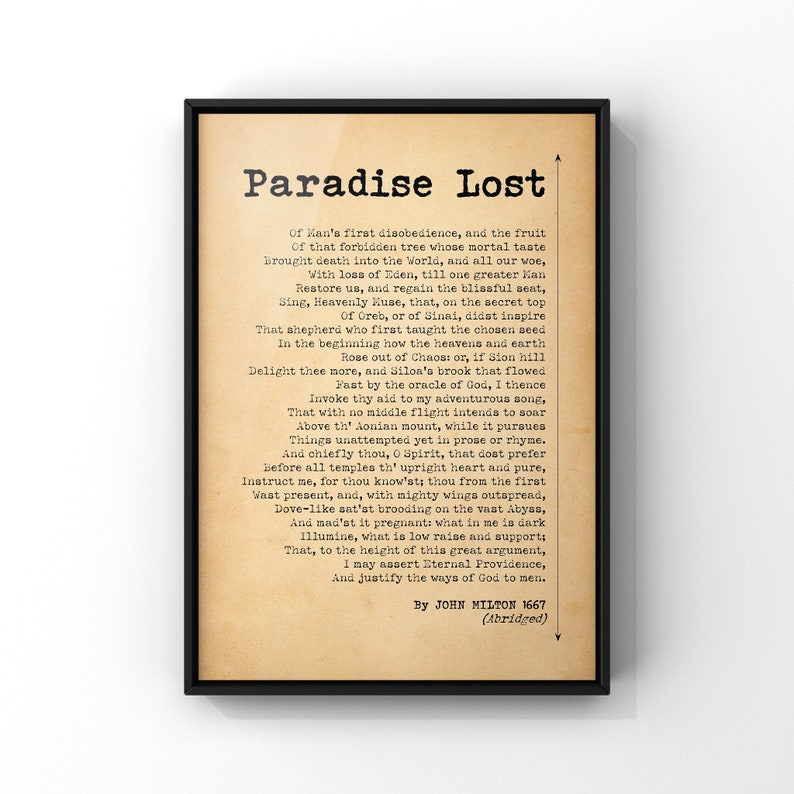 Paradise Lost by John Milton, Epic Poem Abridged Version, poetry poster print, UNFRAMED Antique Style Paper Poetry Print.