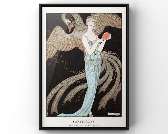 Art Deco Lady Wall Art – French Sortilèges Botanical Evening Print, Vintage Feminine Illustration, Elegant Deco Style Poster, Woman & Flora