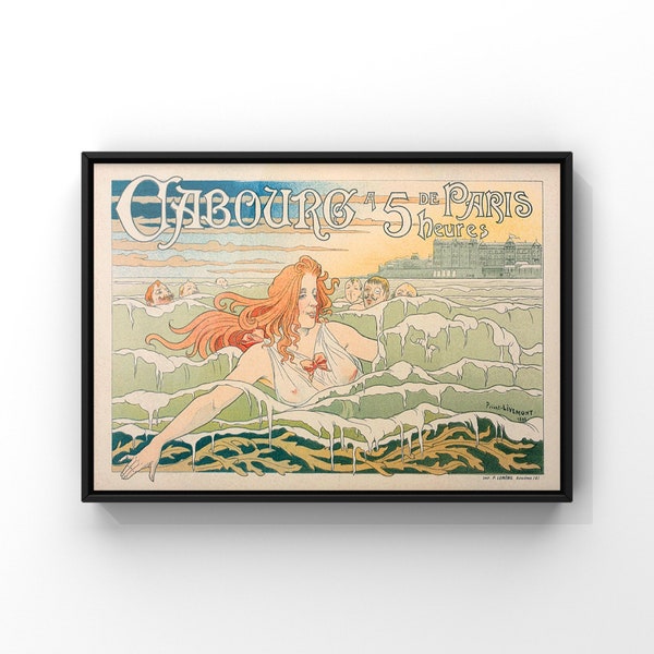 Halb nacktes französisches Jugendstil Plakat Carbour Hotel von Henri Privet-Livemont, Mädchen schwimmt im Meer, GEDRUCKTES Landschaftsplakat