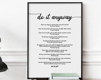 Do It Anyway Poem Print - Paradoxical Commandments Poster, Minimalist Inspirational Wall Art,
