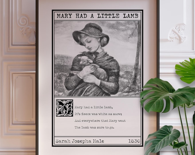 Mary Had A Little Lamb Print - Nursery Rhyme Poem, Vintage Little Girls Bedroom Decor