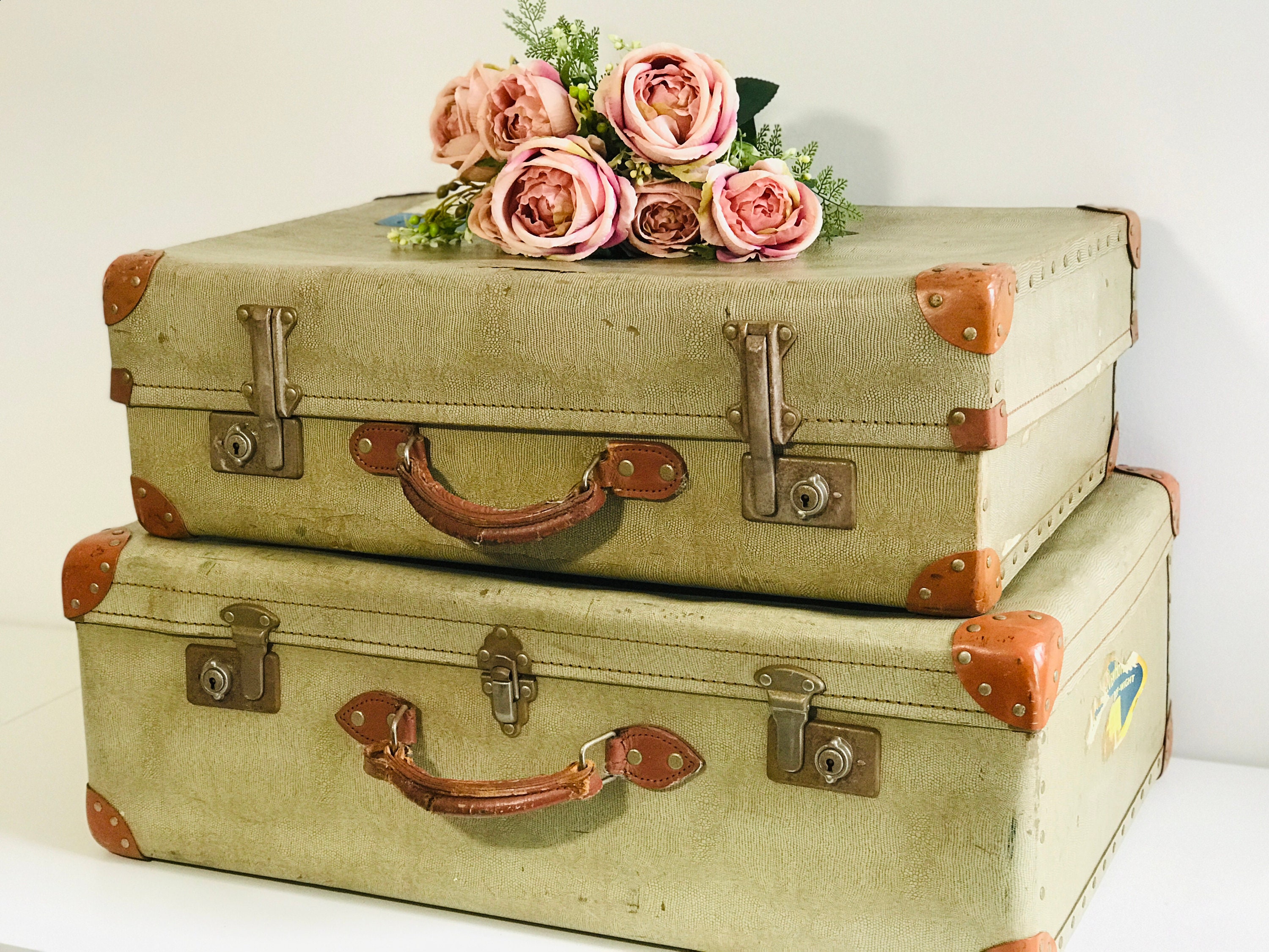 Set of 1930s Vintage Suitcases with Brown Tan Trim and Handles