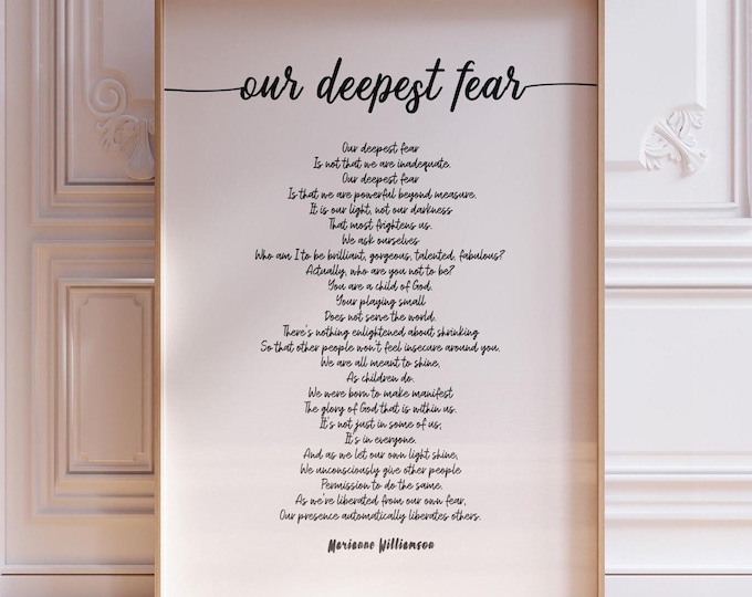 Our Deepest Fear Poem - Marianne Williamson Print, Modern Inspirational Poetry Poster