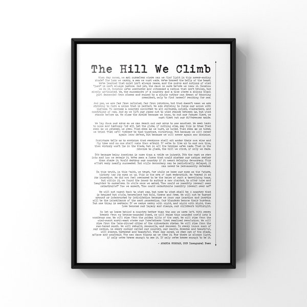 Amanda Gorman Poem The Hill We Climb Print | American Youth Poet Laurette 2021 Inaugural Speech | Simple Poetry Poster Print | PRINTED