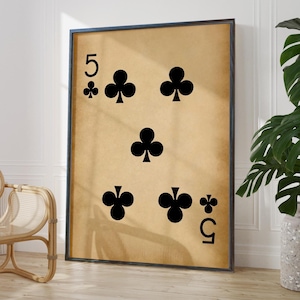 Antique Five of Clubs Print - Rustic Poker Card Wall Art Poster, Framed or Unframed