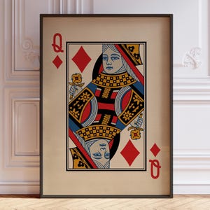 Poster Reine de carreau, impression d'art mural cartes à jouer vintage, décoration murale Reine, jeu de cartes Reine rouge | IMPRIMÉ