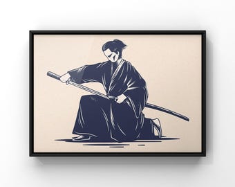 Samurai Wall Art Print - Blue Japanese Warrior - Zen Oriental Decor