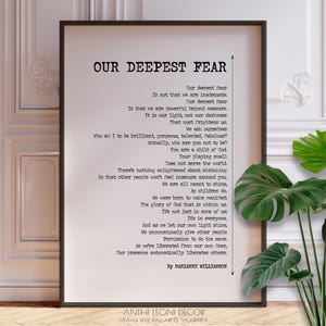 Our Deepest Fear Poem by Marianne Williamson Poster Print | Simple Black and White Poetry Wall Art | Minimalist Poetry | PRINTED