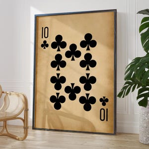 Affiche d'art mural dix trèfles antique impression cartes à jouer rustiques cadeau pour lui numéro porte-bonheur 10 | OPTIONS DE CADRE IMPRIMÉ