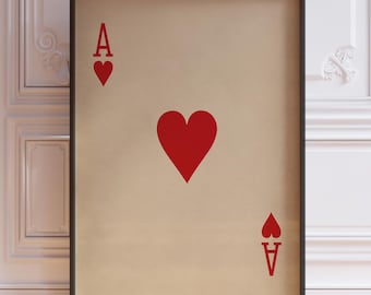Ace of Hearts Poster Print - Vintage Playing Cards Wall Art, Red Card Deck Decor, Printed Framed or Unframed
