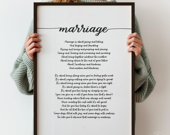 Marriage Poem Print - Funny Wedding Poem Gift, Script Font Vows Art, Framed or Unframed