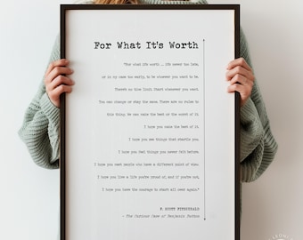 For What It's Worth Poster Print F Scott Fitzgerald Quotes Live A Life You're Proud Of Poetry Wall Art Decor | PRINTED Frame Options