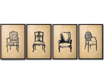 Set of 4 Antique Chair Prints – Vintage Furniture Illustration Wall Art, Printed, Framed or Unframed Poster Collection