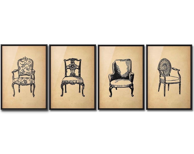 Set of 4 Antique Chair Prints – Vintage Furniture Illustration Wall Art, Printed, Framed or Unframed Poster Collection