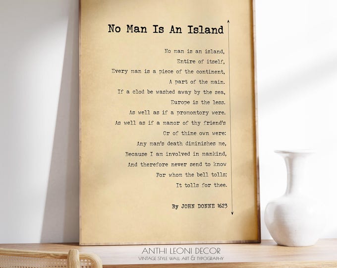 No Man Is An Island by John Donne | No Man Is An Island Print | Mens Office Art | Poetry Wall Art | PRINTED
