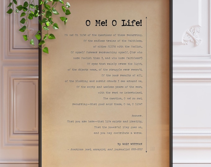 O Me O Life Poem Walt Whitman Print Poetry Wall Art Poster Inspirational Poetry Gift For English Major | PRINTED Frame Options