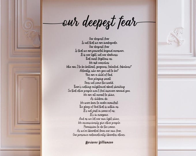 Our Deepest Fear Poem - Marianne Williamson Print, Modern Inspirational Poetry Poster