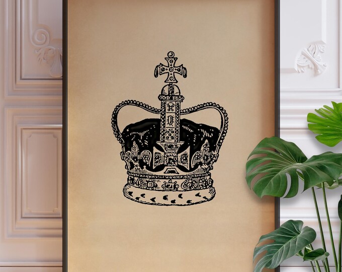 Vintage Royal Crown Line Art Print – Antique-Inspired Regal Wall Decor, Minimalist Elegant Illustration, Framed or Unframed