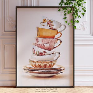 Pretty China Tea Cups Stack Watercolour Print – Vintage Tea Cup Wall Art, Kitchen & Dining Room Decor, Framed or Unframed