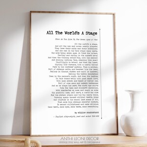 All The World's A Stage door William Shakespeare gedicht print | Beroemd gedicht | Shakespeare-poster | Poëziecitaat over het leven | GEDRUKT