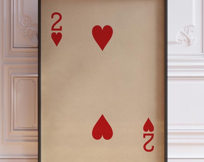 2 Of Hearts Poster Print, Vintage Playing Cards Wall Art Print, Red Card Deck Print, Casino Room Poster Wall Decor | PRINTED