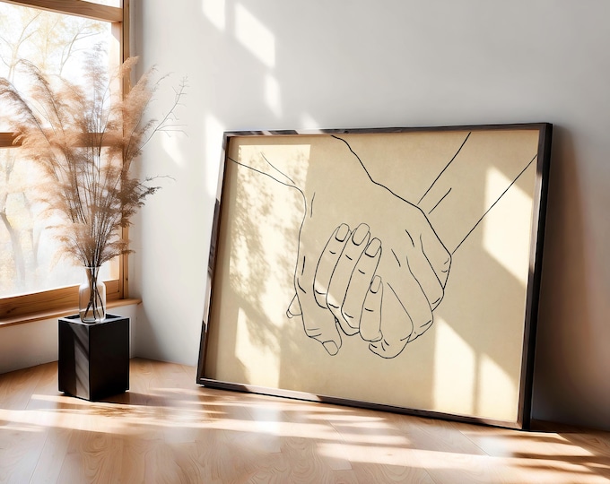 Holding Hands Line Art Print – Minimalist Romantic Wall Art, Vintage-Inspired Illustration, Love Decor, Framed or Unframed