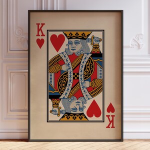 Hartenkoning posterprint, vintage foto speelkaarten muurkunst print, koning muurdecoratie, hart koning kunst | GEDRUKT
