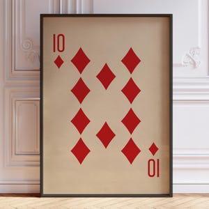 Ten of Diamonds posterprint, vintage speelkaarten muurkunst print, rode kaartspel print, tien diamanten muur decor | GEDRUKT