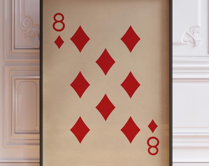 Eight Of Diamonds Poster Print, Vintage Playing Cards Wall Art Print, Red Card Deck Print, Number 8 Wall Decor | PRINTED