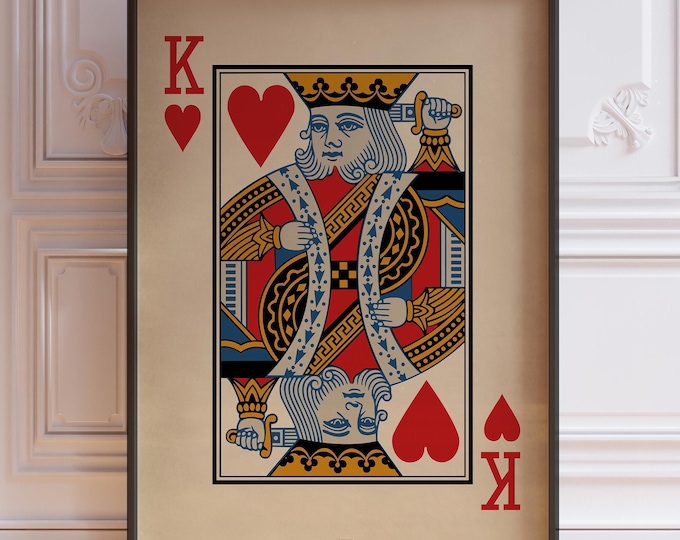 King Of Hearts Poster Print, Vintage Picture Playing Cards Wall Art, Heart Kings Decor, Printed Framed or Unframed
